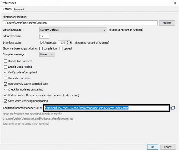 Arduino IDE Prefereces URL