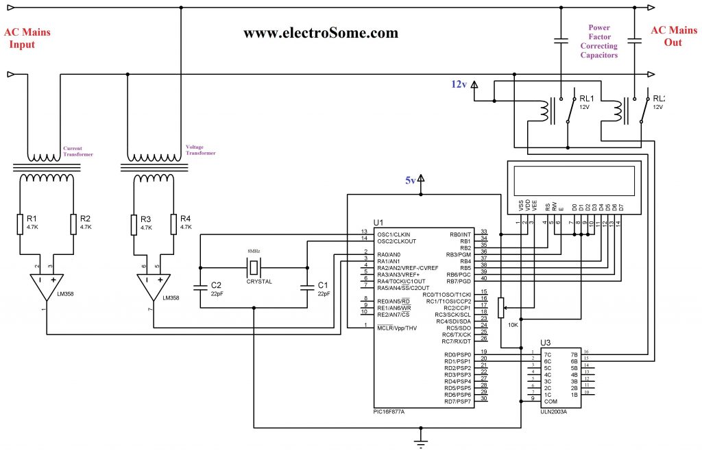 Automatic Power Factor Controller using PIC Microcontroller Circuit Diagram