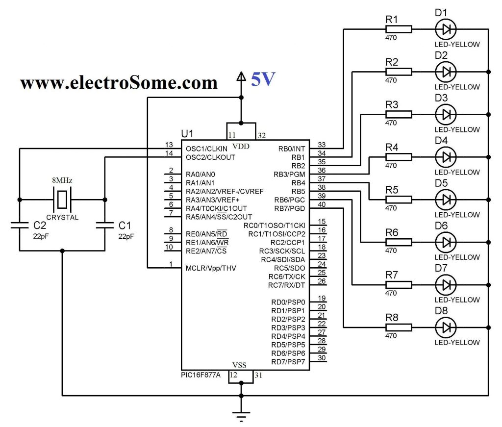 Blinking LED using PIC Microcontroller - Circuit Diagram