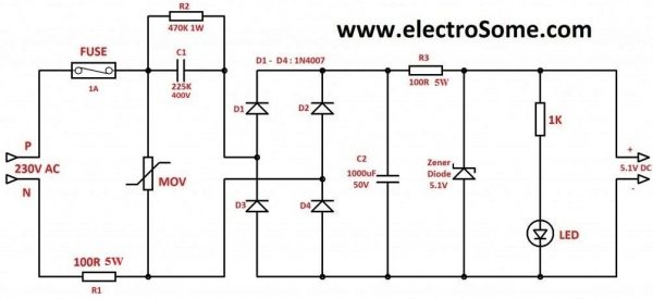 Capacitive Transformer Less Power Supply - Circuit Diagram