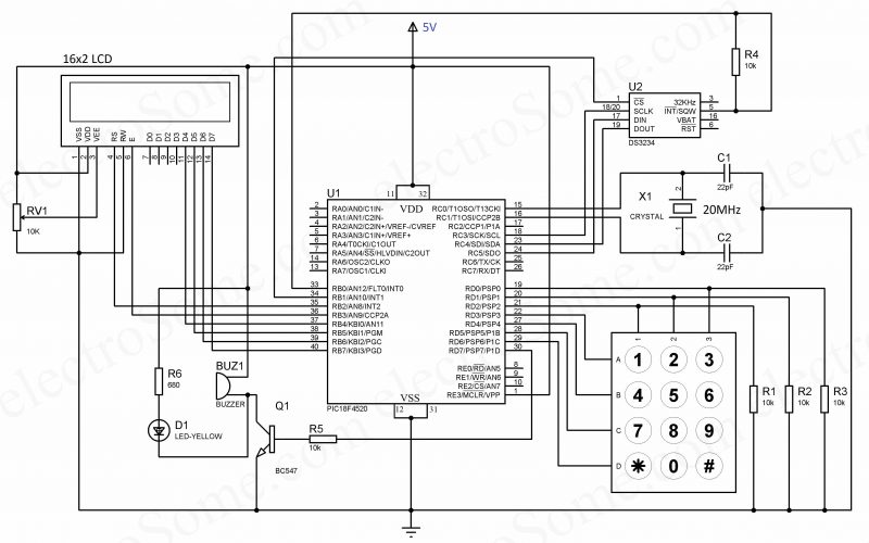 Digital Alarm Clock using PIC Microcontroller and DS3234 RTC - Circuit Diagram