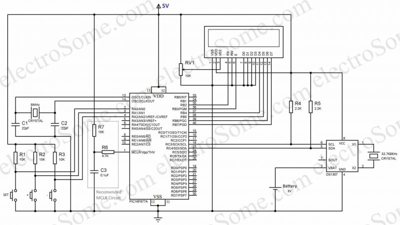 Digital Clock using PIC Microcontroller and DS1307 RTC Circuit Diagram