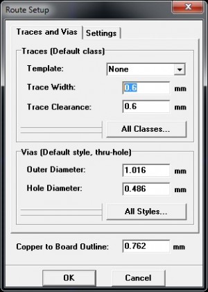 Diptrace Route Setup - Trace Width and Clearence