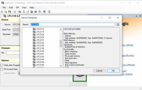 Flash Magic Tool - Selecting Microcontroller