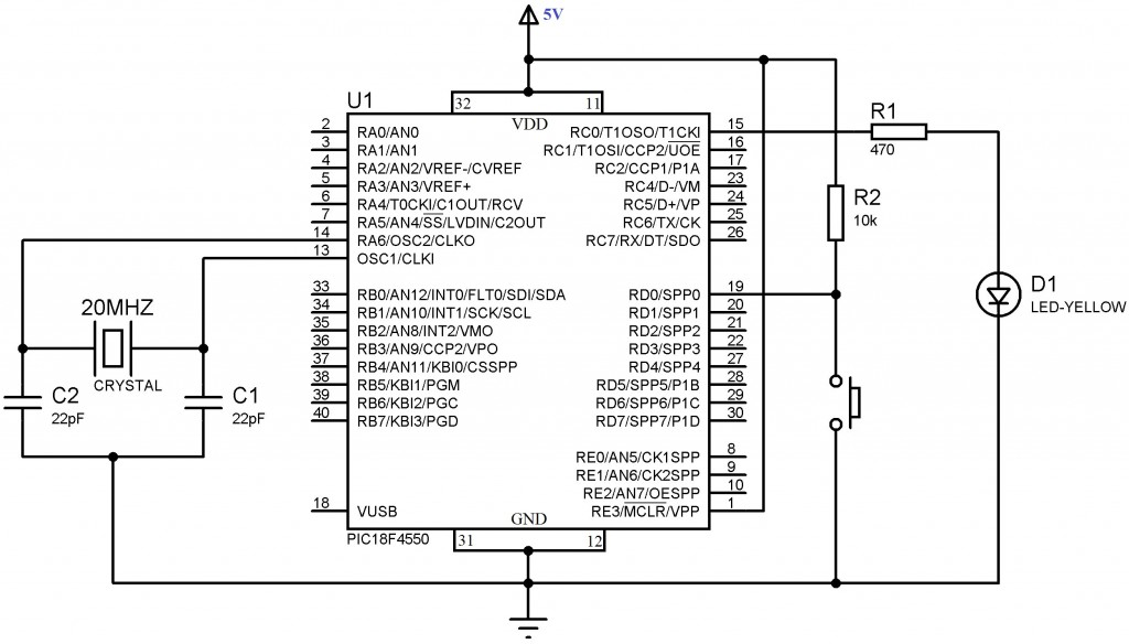 LED connected to PIC 18F4550