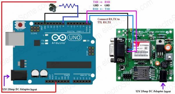 Interfacing GSM Modem with Arduino - Circuit Diagram