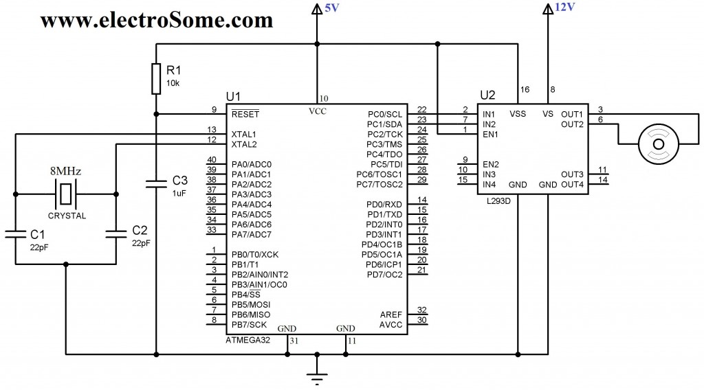 Interfacing DC Motor with Atmega32 Microcontroller - Circuit Diagram