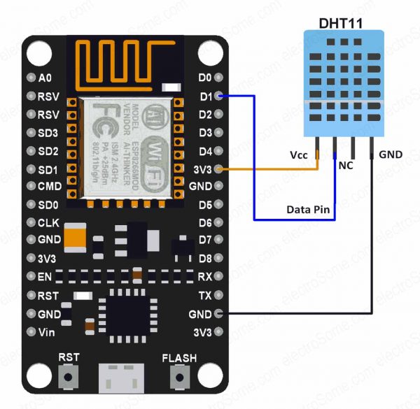Interfacing DHT11 Sensor with ESP8266 - Circuit Diagram