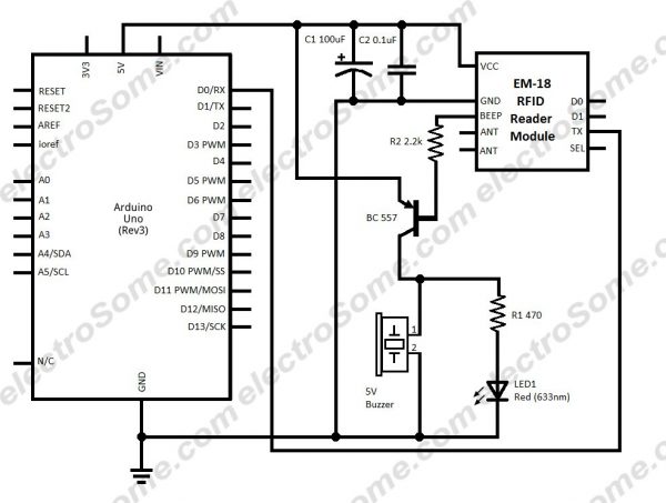 Interfacing EM-18 RFID Reader Module with Arduino - Circuit Diagram