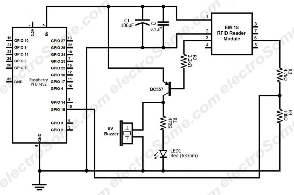 Interfacing EM-18 RFID Reader Module with Raspberry Pi - Circuit Diagram