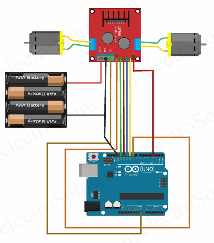 Interfacing L298N Motor Driver Arduino Uno - Circuit Diagram
