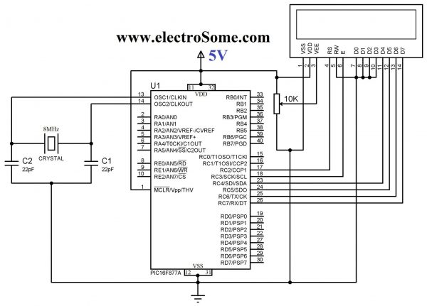 Interfacing LCD with PIC Microcontroller Circuit Diagram