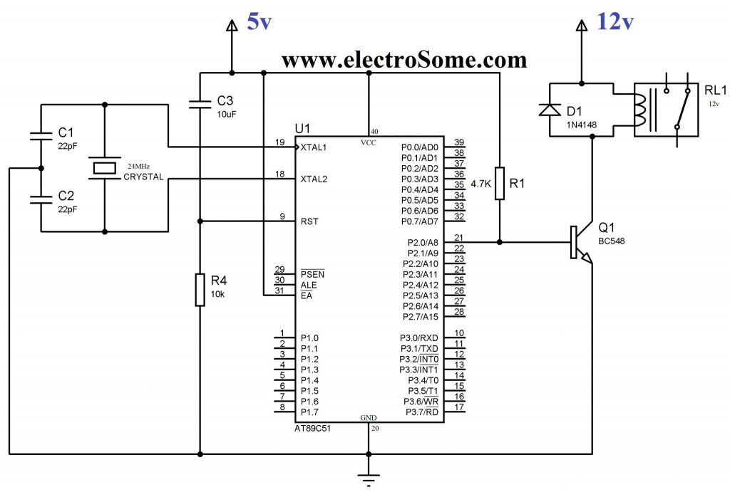 Interfacing Relay with 8051 using Transistor - Circuit Diagram