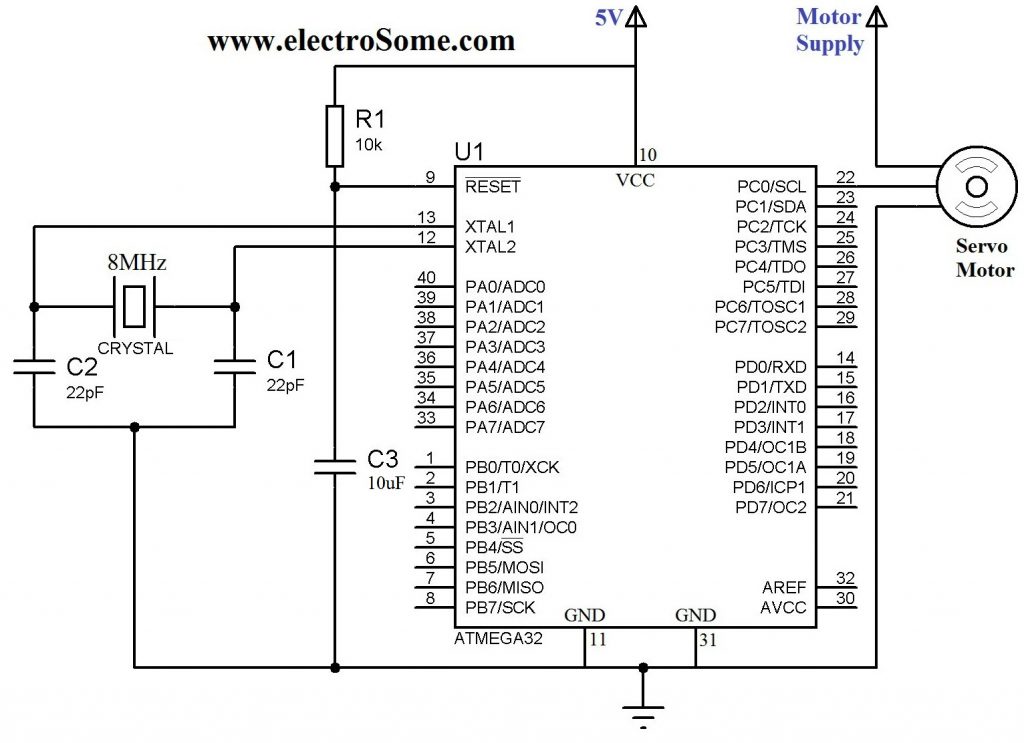 Interfacing Servo Motor with Atmega32 Microcontroller - Circuit Diagram