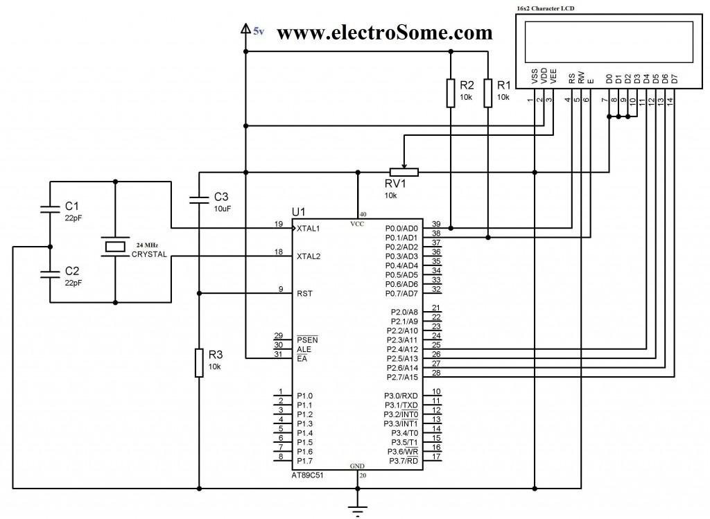 LCD Interfacing with 8051 using Keil C 4 Bit Mode - Circuit Diagram