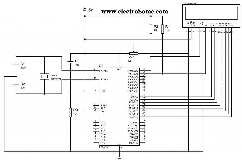 LCD Interfacing with 8051 using Keil C - 8 Bit Mode Circuit Diagram