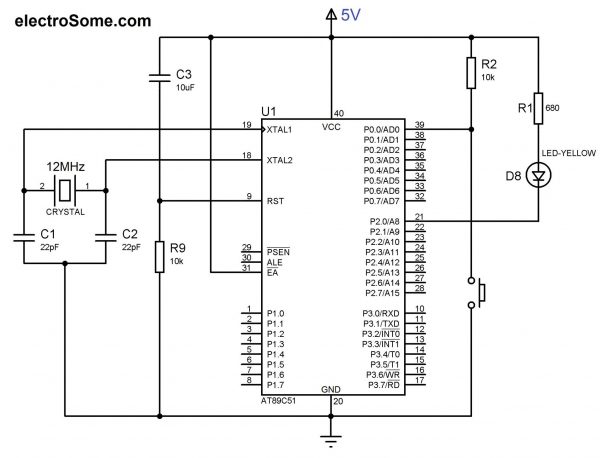 LED and Switch Interfacing with AT89C51 8051 Microcontroller