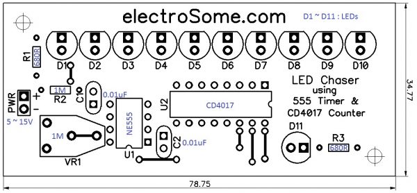 LED Chaser using 4017 and 555 - PCB Top View