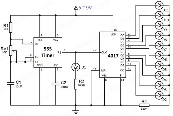 LED Chaser using 4017 Counter and 555 Timer