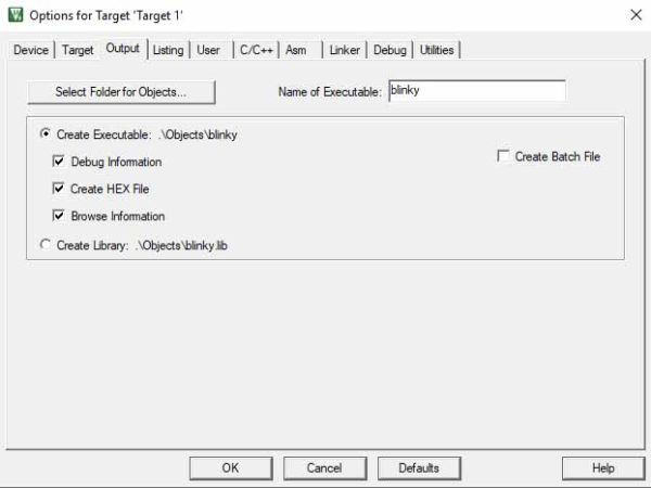 Output Tab - Options for Target - Keil Project