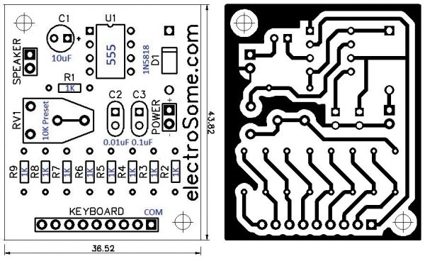 Piano using 555 Timer PCB - Top and Bottom