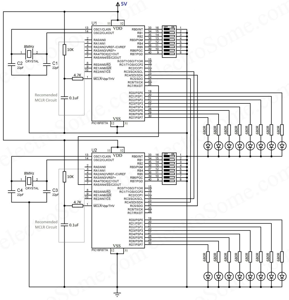 PIC to PIC Communication using SPI - Circuit Diagram