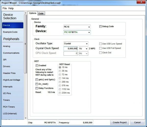 Project Wizard - Select Device and Set Clock Frequency