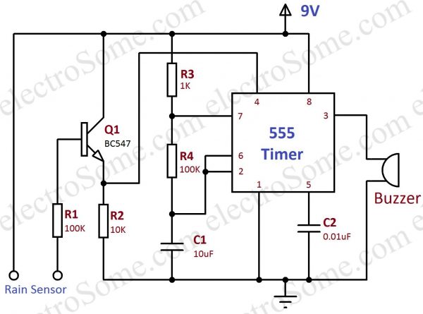 Rain Alarm using 555 Timer - Circuit Diagram