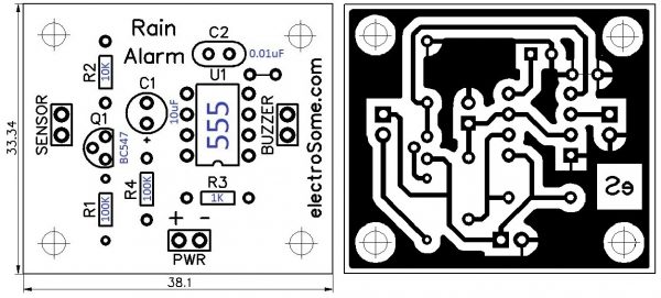 Rain Alarm using 555 Timer - PCB