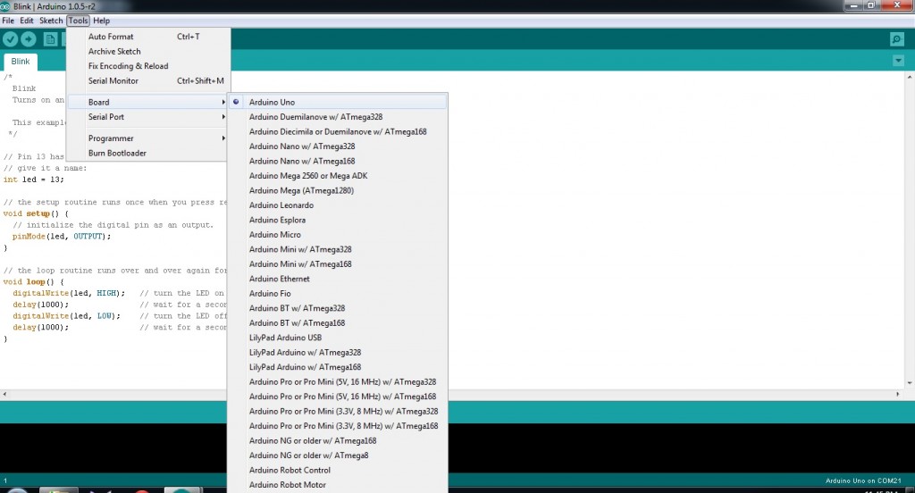 Selecting Arduino board