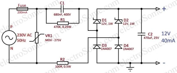 Transformerless Capacitor Power Supply 12V 40mA