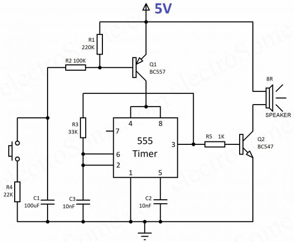 Wailing Siren using 555 Timer – Circuit Diagram