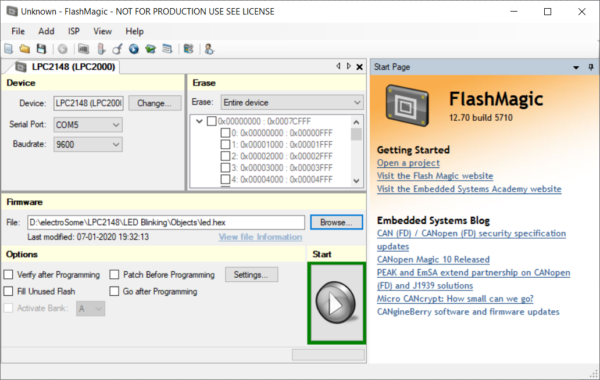 Flash Magic Tool - Selecting Serial Port Baud Rate Hex File