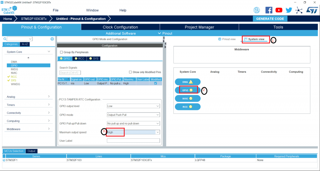 STM32F103C8T6 STM32CubeMX - GPIO Mode Configuration