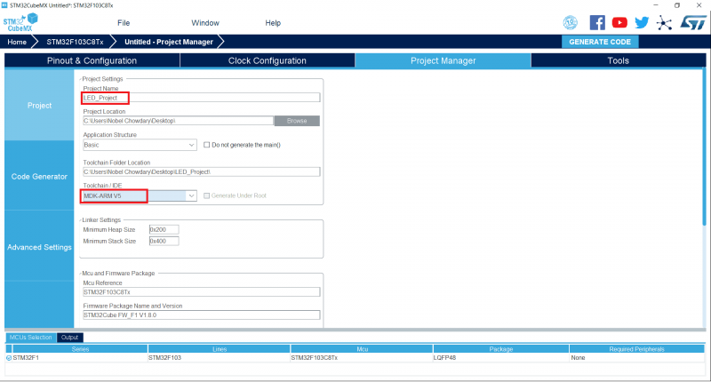 STM32F103C8T6 STM32CubeMX - Project Manager Settings