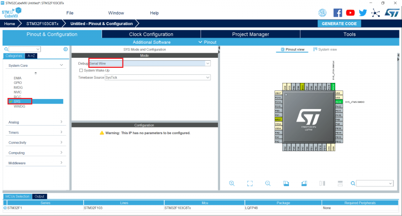 STM32F103C8T6 STM32CubeMX - SYS Mode Configuration