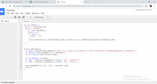 Updating Sensor Data to Google Spreadsheet using ESP8266 - Google Spreadsheet - Script editor